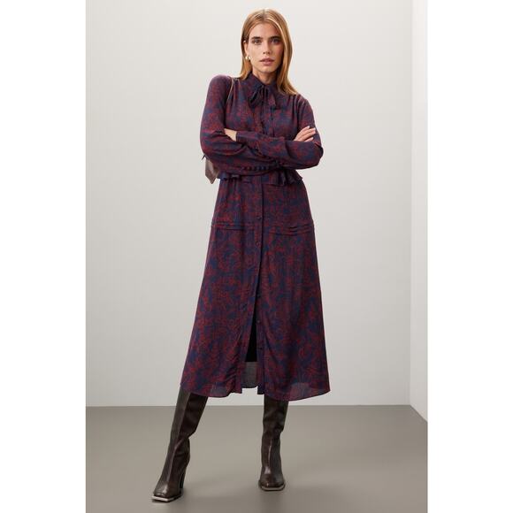 Jason Wu Navy Red Floral Print Tie Neck Long Sleeve Midi Shirt Dress Size 2 - Picture 1 of 16